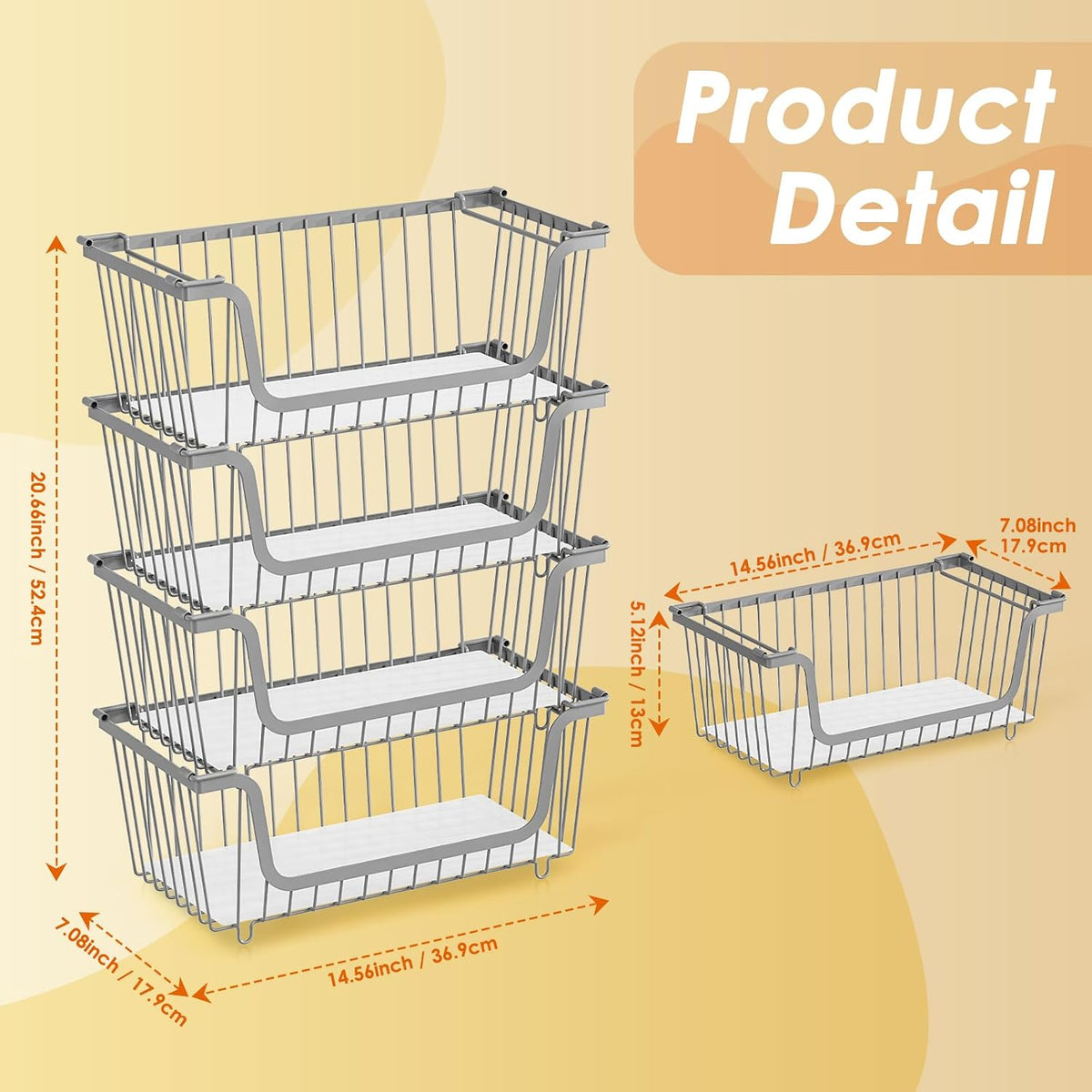 4 Pcs Stackable Wire Baskets for Pantry Organizers and Storage, Gray
