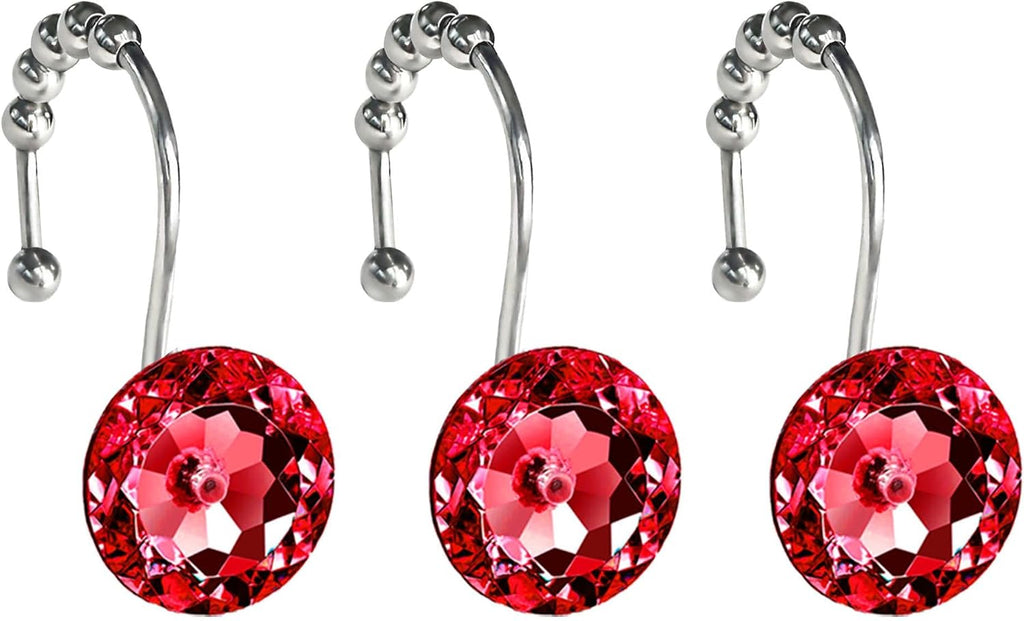 Red Crystal Diamond Shower Curtain Hooks for Bathroom【12Pack】, Silver Rust Proof Stainless Steel Rings, Decorative Gem Hanger, Bling Rhinestone, Glittery, Cute, Fancy Accessories