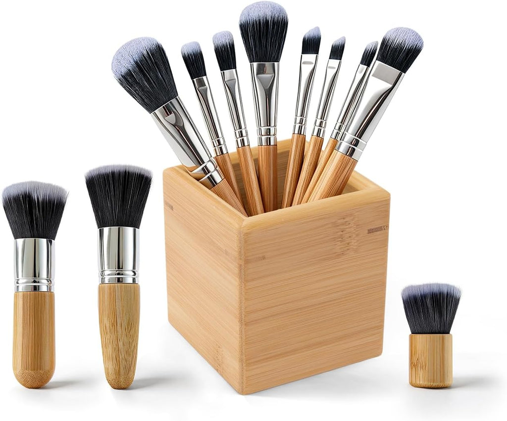 Makeup Brush Holder with 11 Pcs Bamboo Makeup Brush Set for Vanity