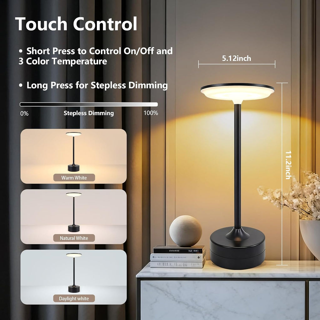 Small Table Lamp, Portable Metal Table Lamp, Cordless Rechargeable Table Lamp , 3 Color Stepless Dimmable Atmosphere Table Lamps for Patio, Camping, Coffee table decor lamp for Indoor/Outdoo(Black)