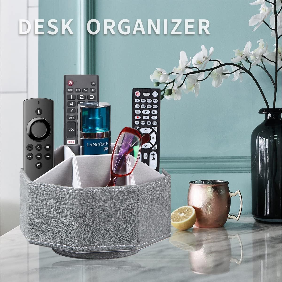 Leather Remote Control Holder,360 Degree Spinning TV Remote Caddy,9 Grids Desk Organizers and Accessories for Storage Controller,Calculator,Mail,Media,Pen,Phone etc(Grey Fish pattern)