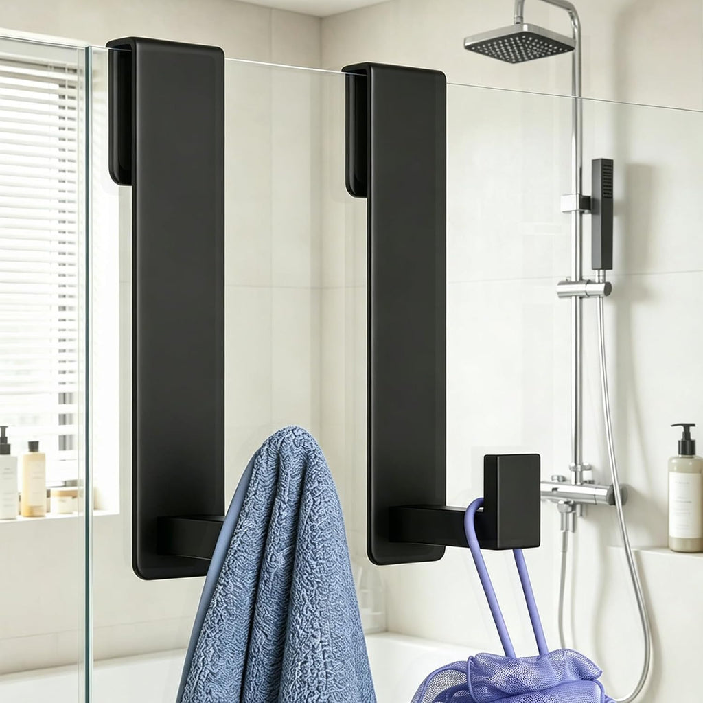 HUFEEOH Black 2-Pack 7.5-Inch Shower Door Towel Hooks, L-Shaped