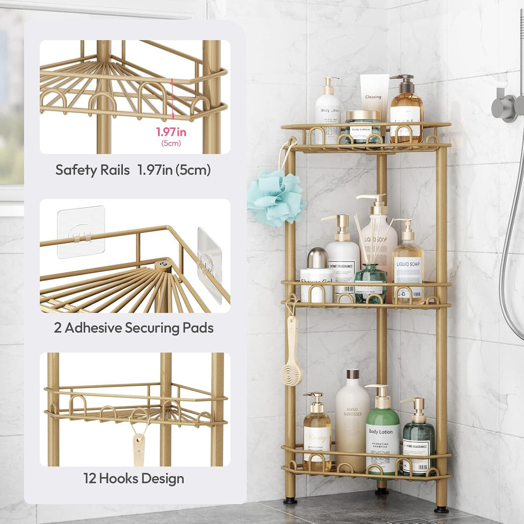 SWTYMIKI Standing Shower Caddy Corner - 3‑Tier Stainless Steel Shower Organizer Shelf with 12 Hooks and Adhesive Pads, Rustproof Corner Shelves Stand Rack for Bathroom Shower Room, Gold