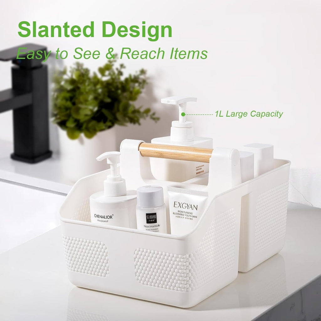 Plastic Shower Caddy Portable Shower Basket with Bamboo Handle, White