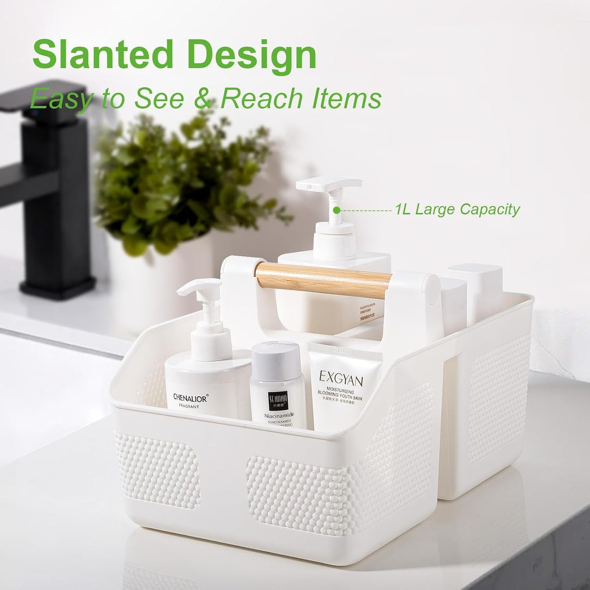 Plastic Shower Caddy Portable Shower Basket with Bamboo Handle, White
