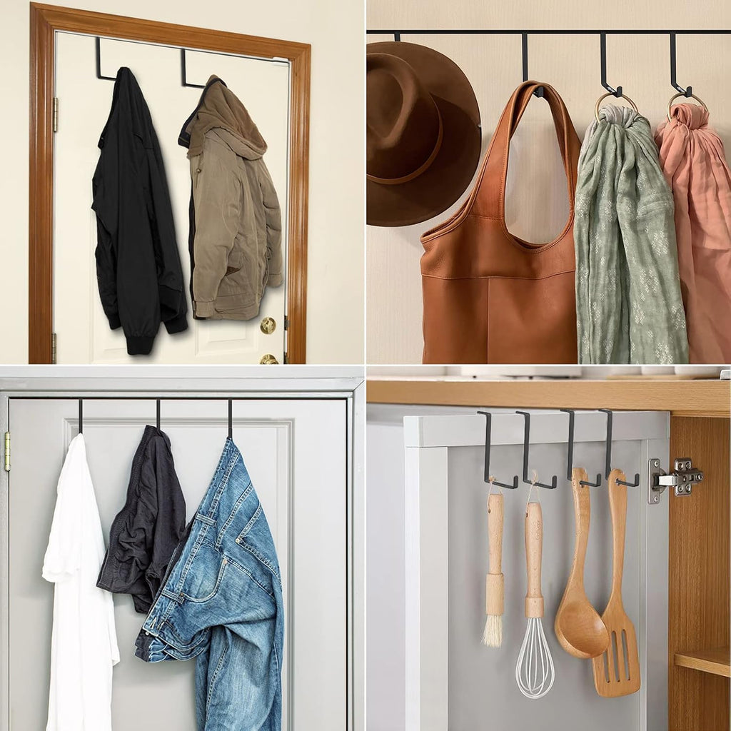 Over The Door Hook- 4 Pack Sturdy Metal Over Door Hook, Fitting Two Sized Doors, Door Hangers and Over The Door Hooks for Hanging Clothes, Towels, Coats and More (Black)