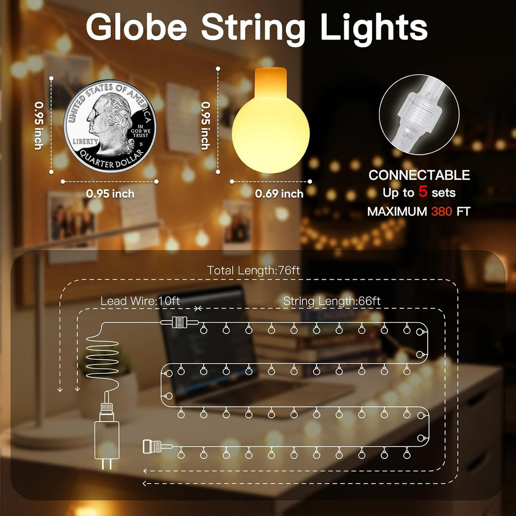 suddus 76ft Connectable Globe String Lights Plug in Remote Warm White