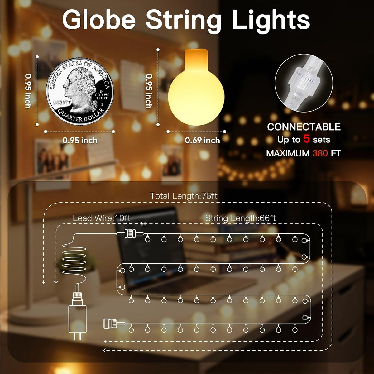 suddus 76ft Connectable Globe String Lights Plug in Remote Warm White