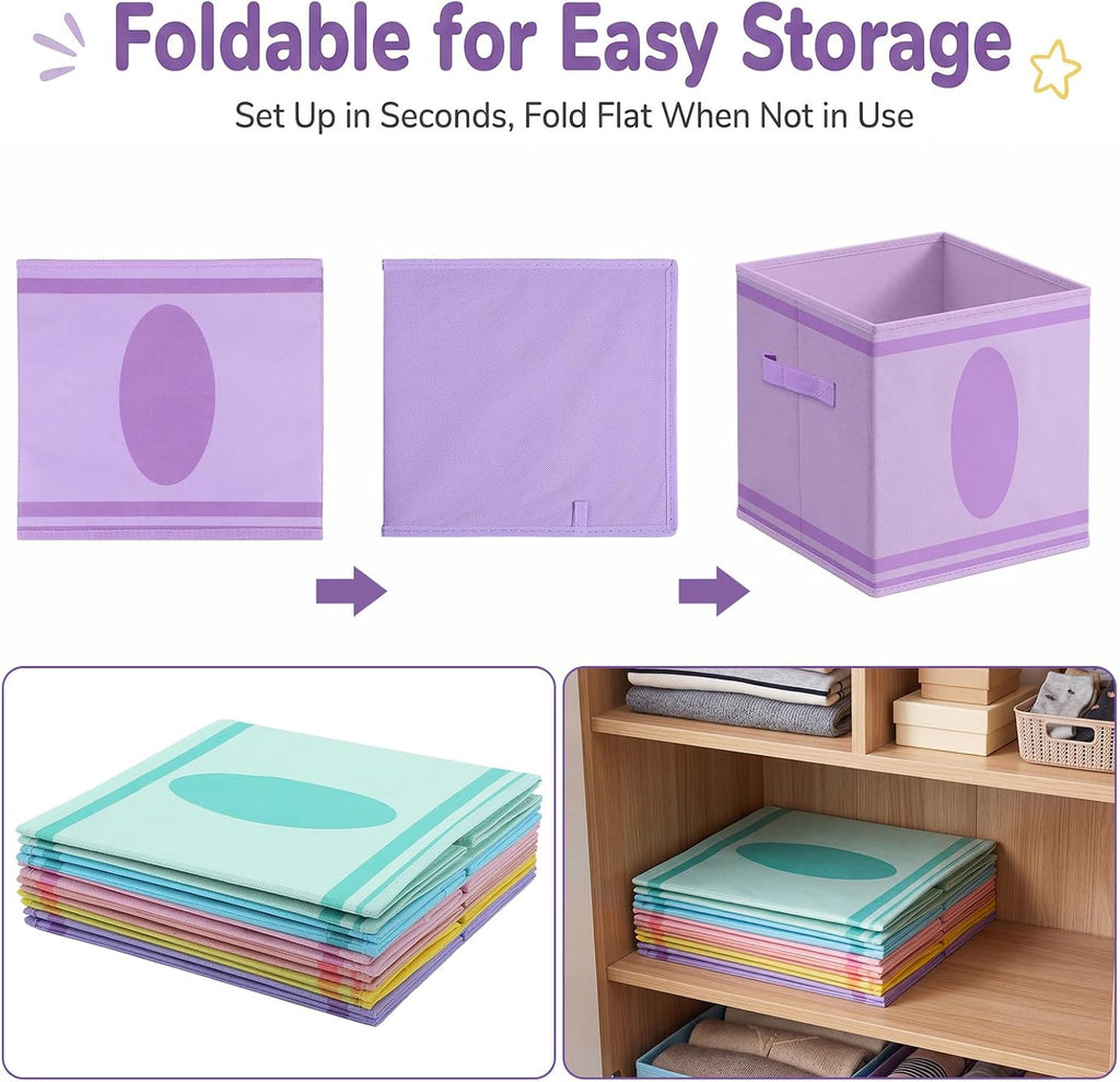 Glooglitter 6 Pack 11 Inch Crayon Fabric Storage Cube with Handles Pastel Collapsible Bin Classroom Must Have Foldable Colorful Closet Bin Basket for Nursery Classroom School Playroom Shelves