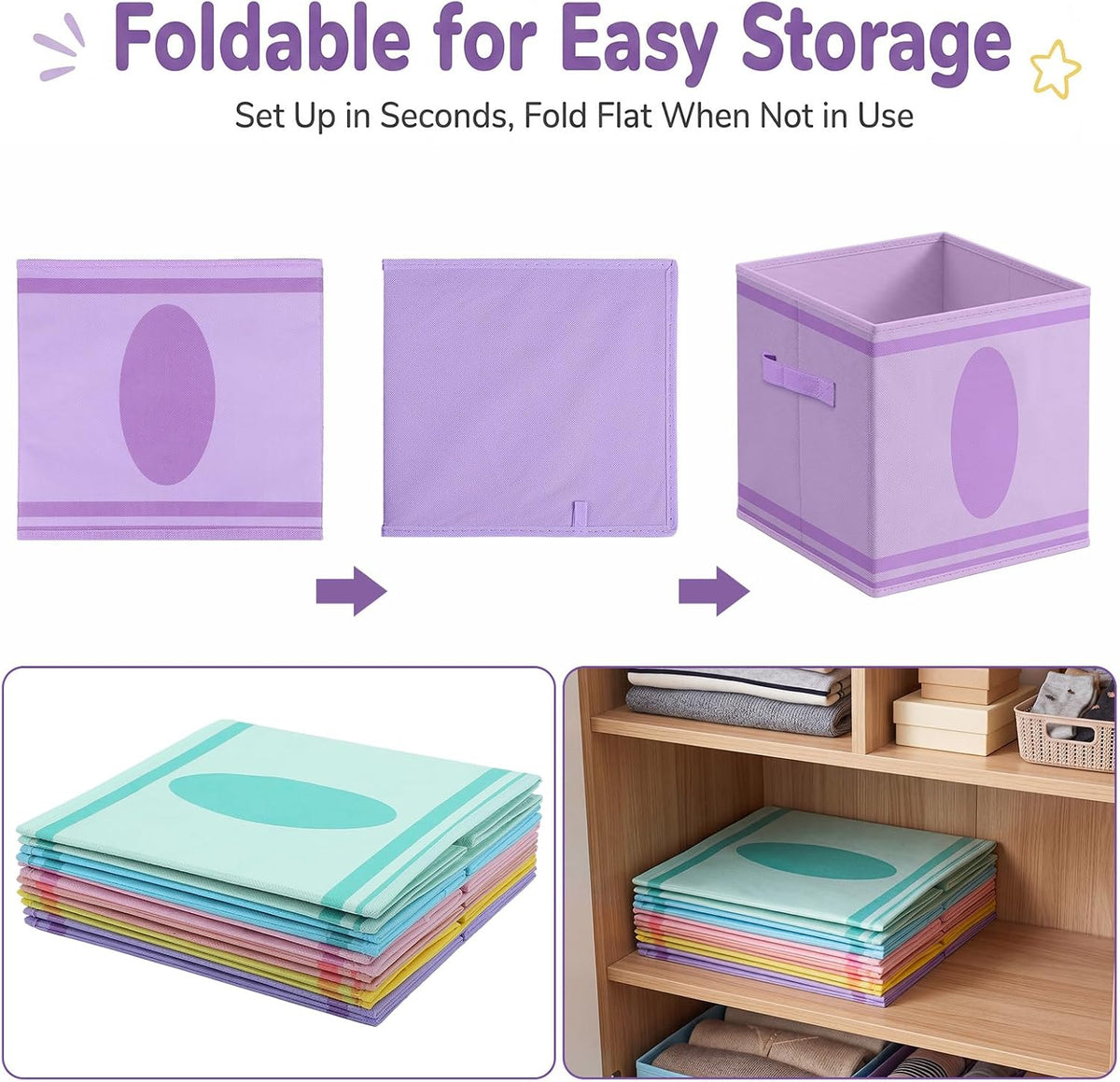Glooglitter 6 Pack 11 Inch Crayon Fabric Storage Cube with Handles Pastel Collapsible Bin Classroom Must Have Foldable Colorful Closet Bin Basket for Nursery Classroom School Playroom Shelves