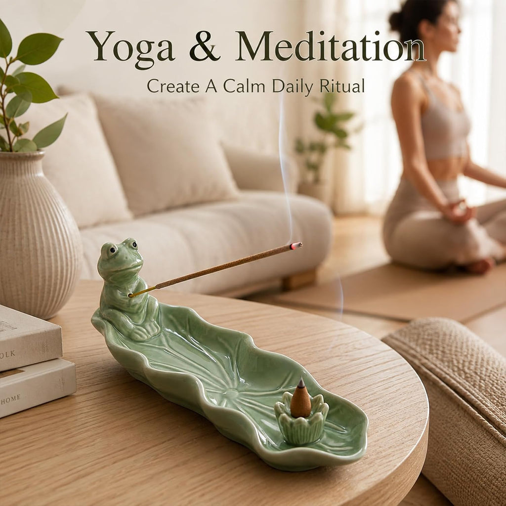Frog Incense Holder for Sticks, Handmade Ceramic Holder for Burning Sage Sticks, Palo Santo, Cone and Backflow, Incense Burner for Meditation Room Home Decor, Frog Spiritual Gifts for Women