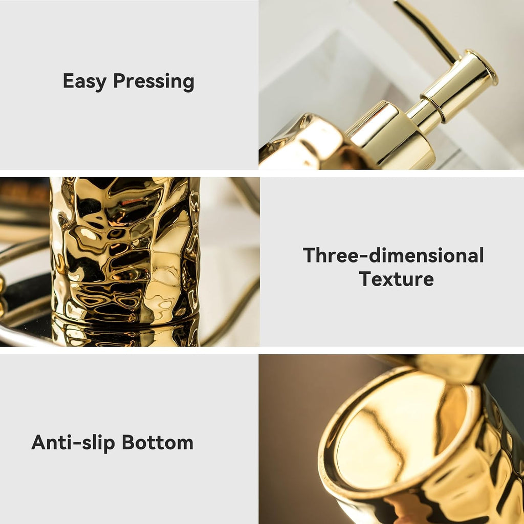 Gets Ceramic Soap Dispenser Gold Round Hammered Finish Refillable Pump