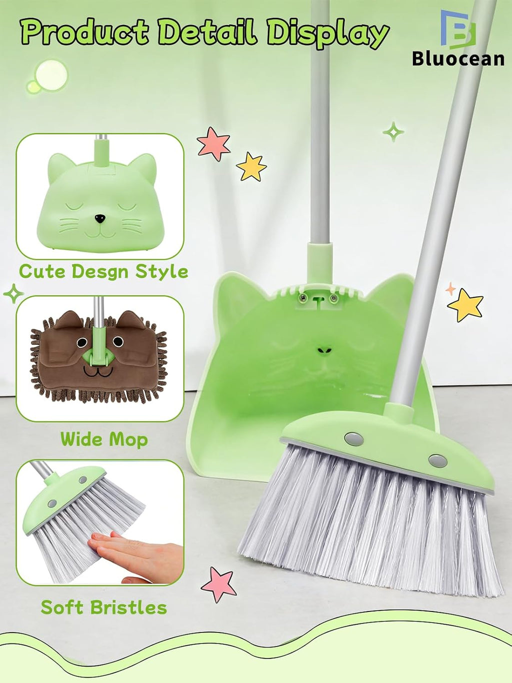 Toddler Cleaning Toy Set-28'' Kids Mini Broom with Dustpan & Mop, Toddler Household Helper, Parent-Child Interactive Play Cleaning Tool, Cute Cartoon Design, Small Safe Corner Broom (Green)