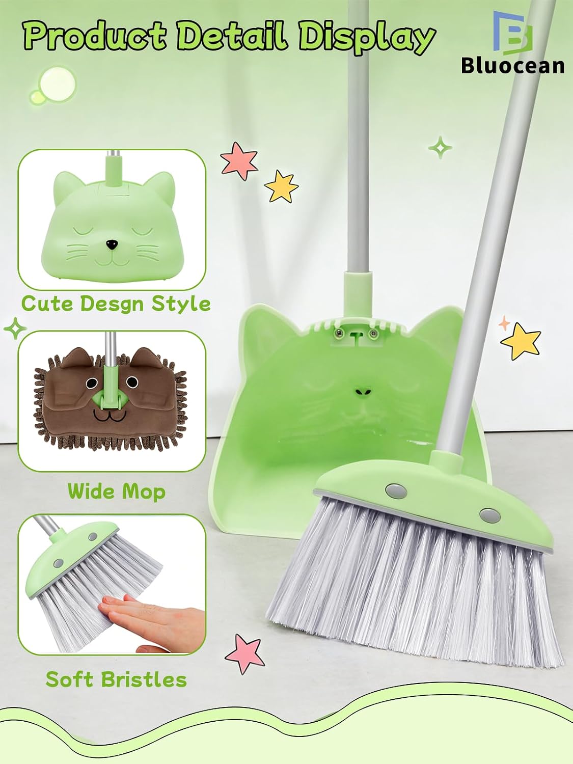 Toddler Cleaning Toy Set-28'' Kids Mini Broom with Dustpan & Mop, Toddler Household Helper, Parent-Child Interactive Play Cleaning Tool, Cute Cartoon Design, Small Safe Corner Broom (Green)