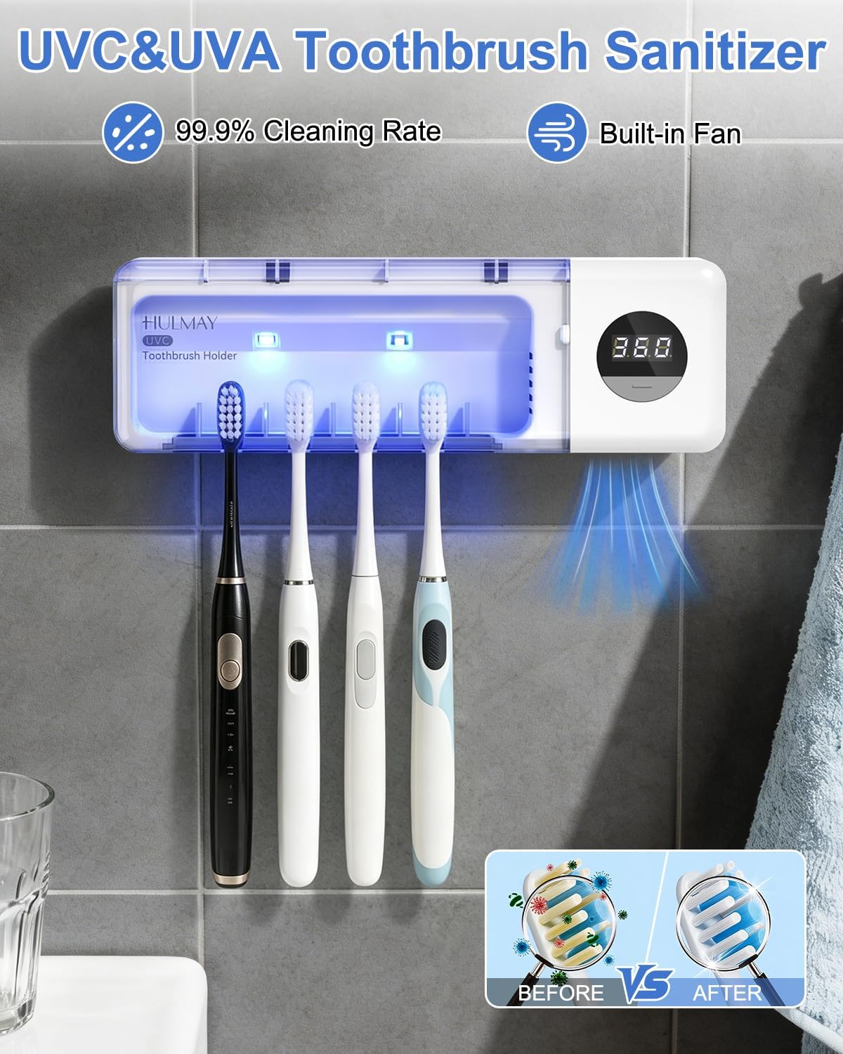 UV Toothbrush Sanitizer with Holder 4 Slots, Toothbrush & Razor