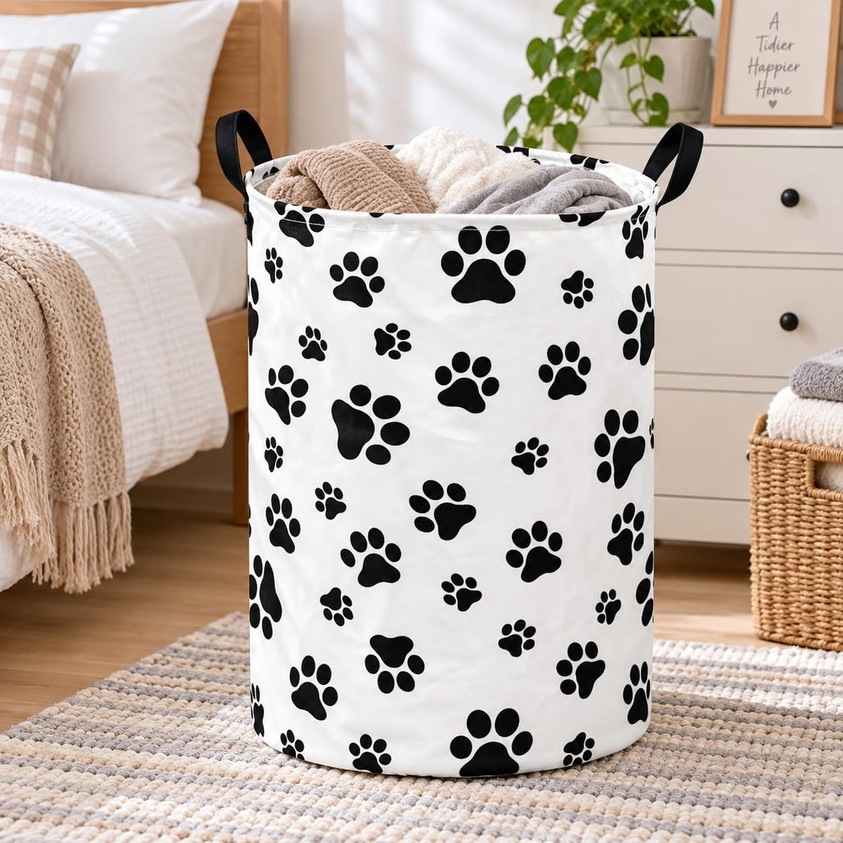 Paw Print Round Kids Laundry Basket Gift Basket Storage Laundry Hamper Laundry Basket Baby Toys Nursery Bin with Handles,Storage Basket for Kids Room Bedroom Decor