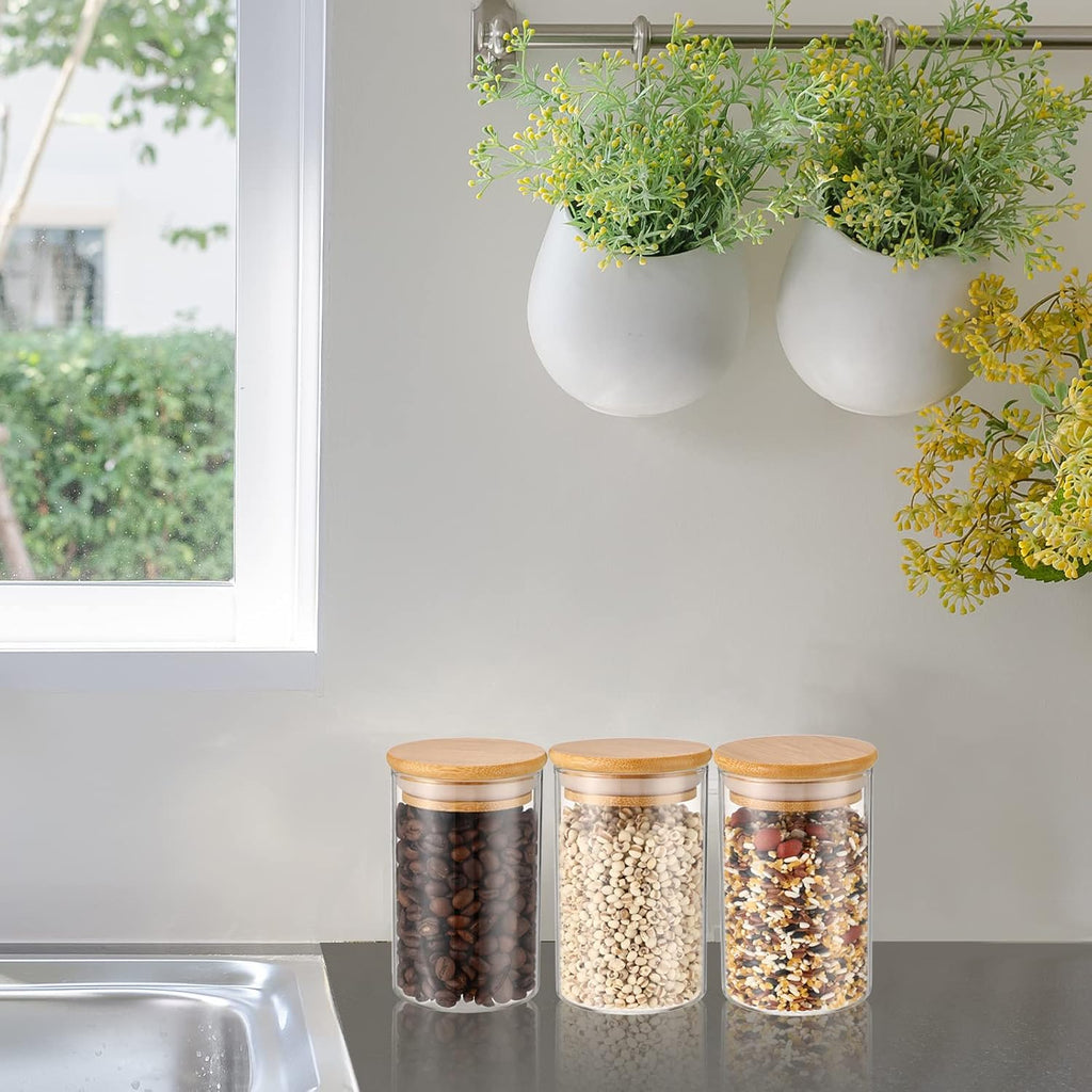 Irenare 6 Pack Glass Apothecary Jars with Lids Bamboo Bathroom Accessories