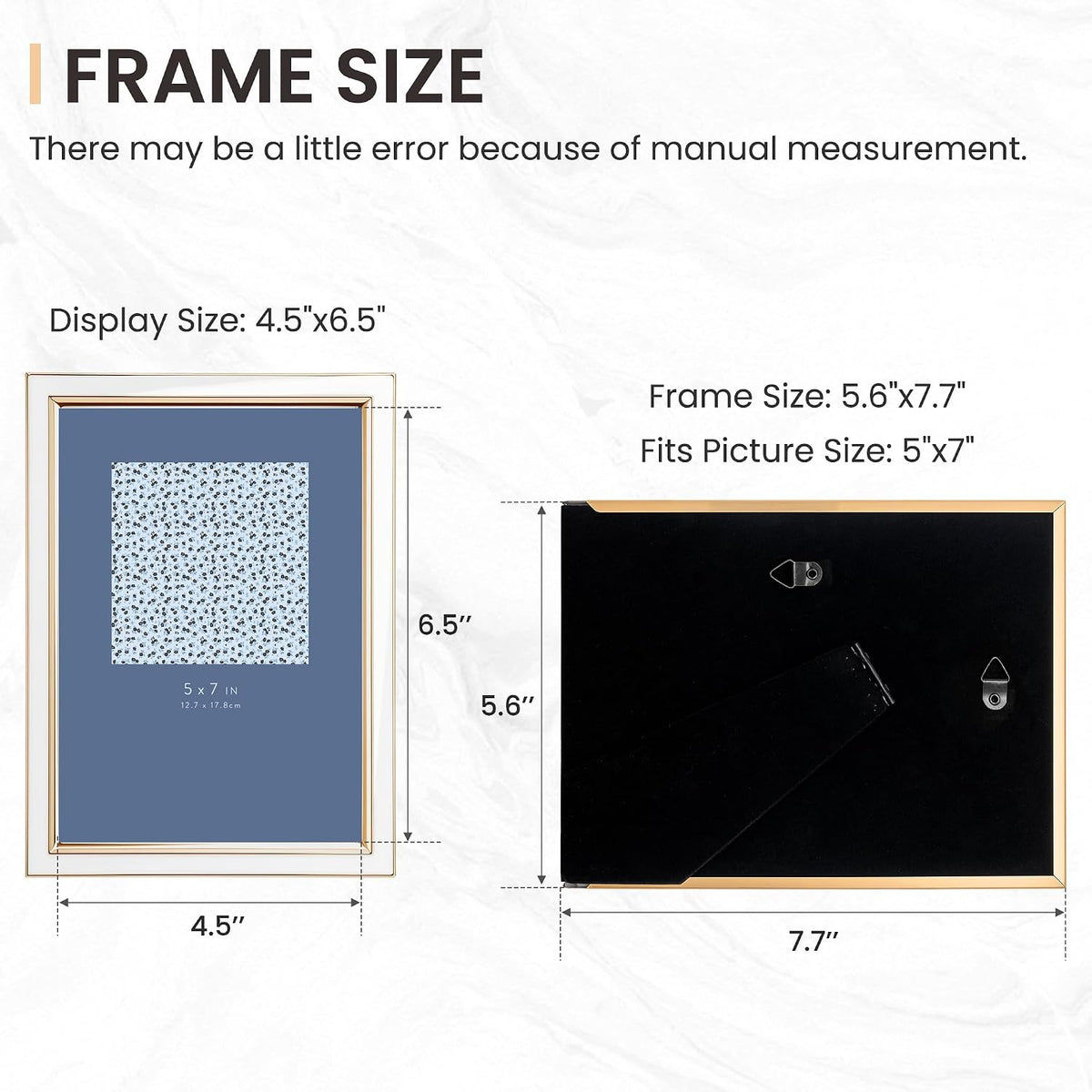 Venusmiles 5x7 Enamel Picture Frames with Tempered Glass, 1 Pack White Photo Frame with Gold Metal Edge, Horizontal and Vertical Display Pictures 5x7 for Wall and Tabletop, Bookshelf, Wall Decor