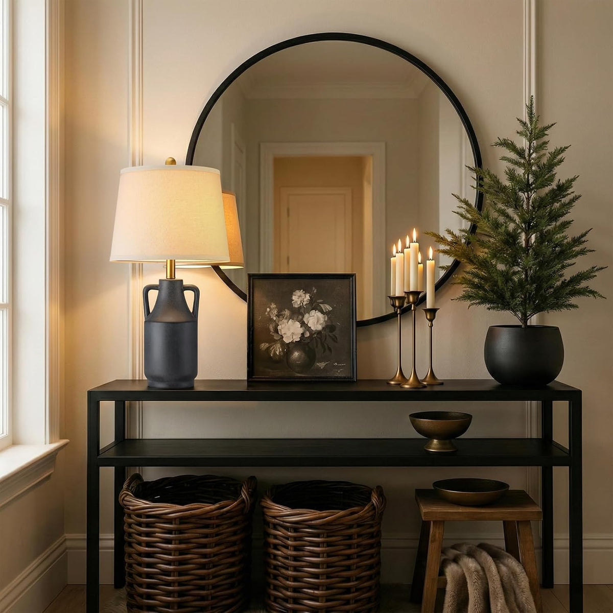 Lovlast 26" Farmhouse Black Ceramic Table Lamp for Bedroom Living Room