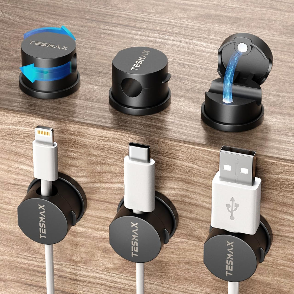 6Pack Magnetic Cord Holder 360° Rotating, 1s Lock Adhesive Desk Organizers