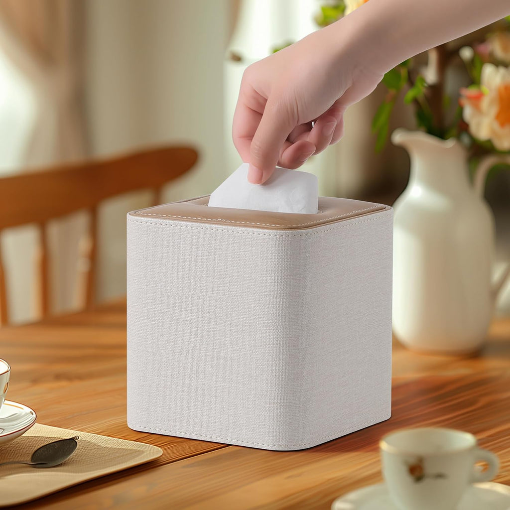 Square Tissue Box Cover PU Leather Tissue Box Holder Cube (Linen)