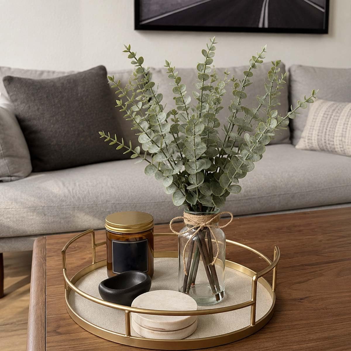 SwanMoon Artificial Eucalyptus Stems in Glass Vase with Faux Water, 17.5 Inch Mini Faux Greenery Plant for Bathroom Vanity, Coffee Table, Farmhouse Office, Wedding Home Table Centerpieces Decor