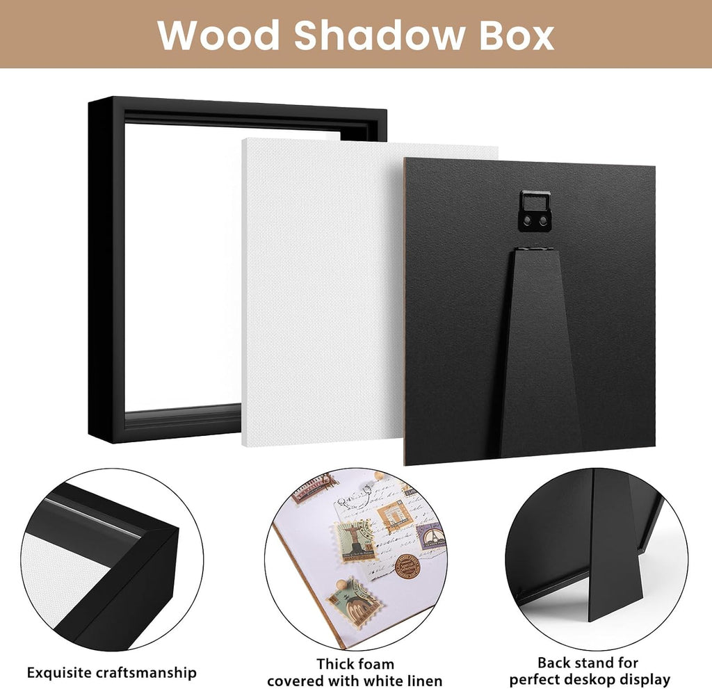 5x5 Shadow Box Frame, Linen Back, Push Pins Included, Memory Box Display Case, Black