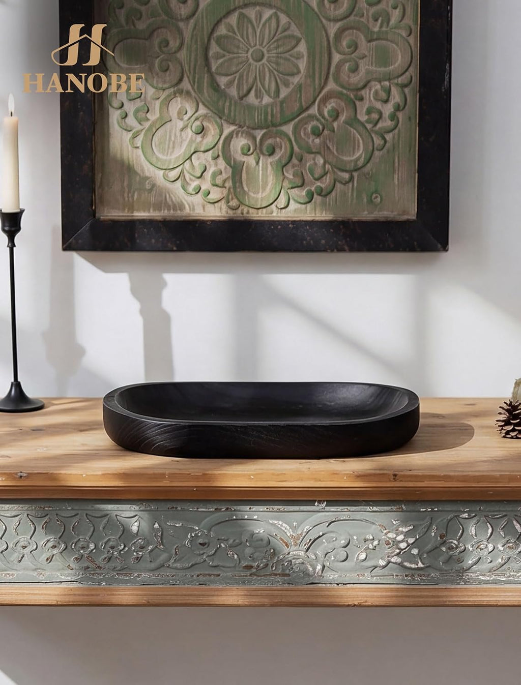 Hanobe Wooden Decorative Key Bowl for Coffee Table Decor, Rustic Black