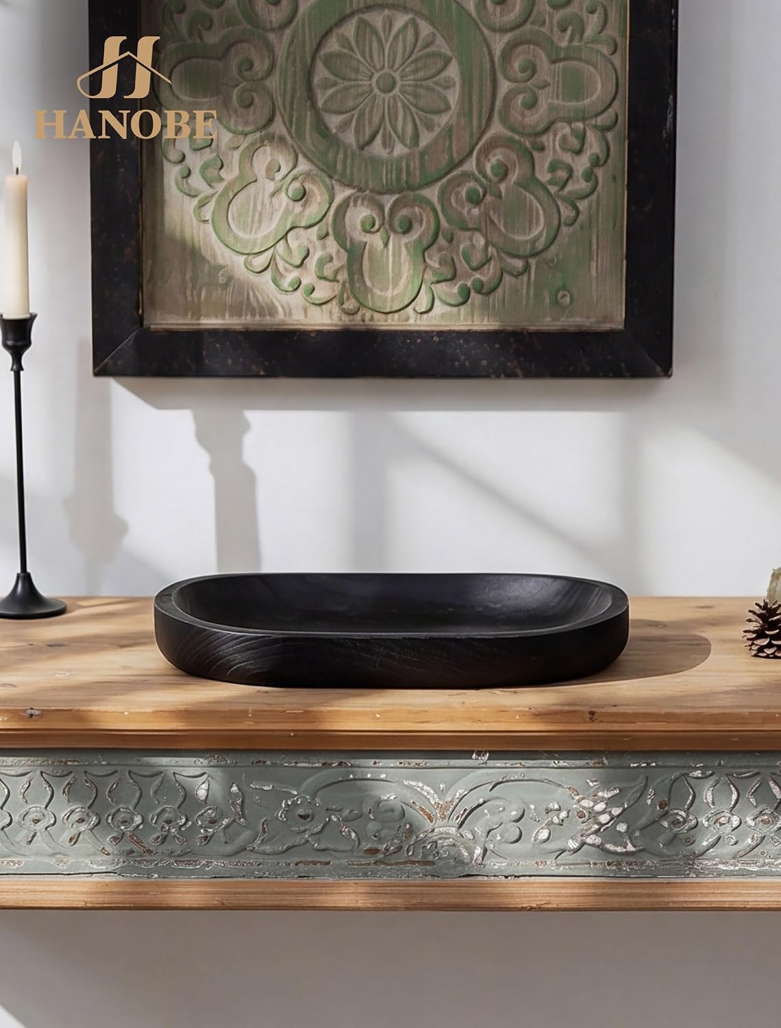 Hanobe Wooden Decorative Key Bowl for Coffee Table Decor, Rustic Black