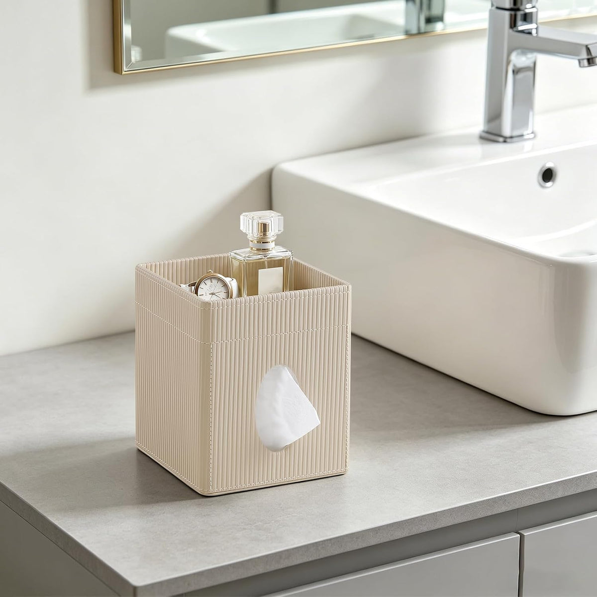 Square Tissue Box Cover with Storage Tray, Tissue Box Organizer, Beige