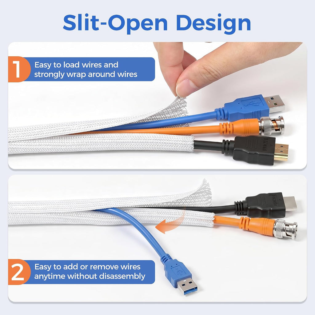 Delamu 30ft - 1/2 inch Cable Sleeve Cord Protector from Pets No Chew, Split-Braided PVC Wire Loom Tubing for Desk Computer USB TV Cord Organizer, Easy Set-up Cable Management Sleeve Kit, White