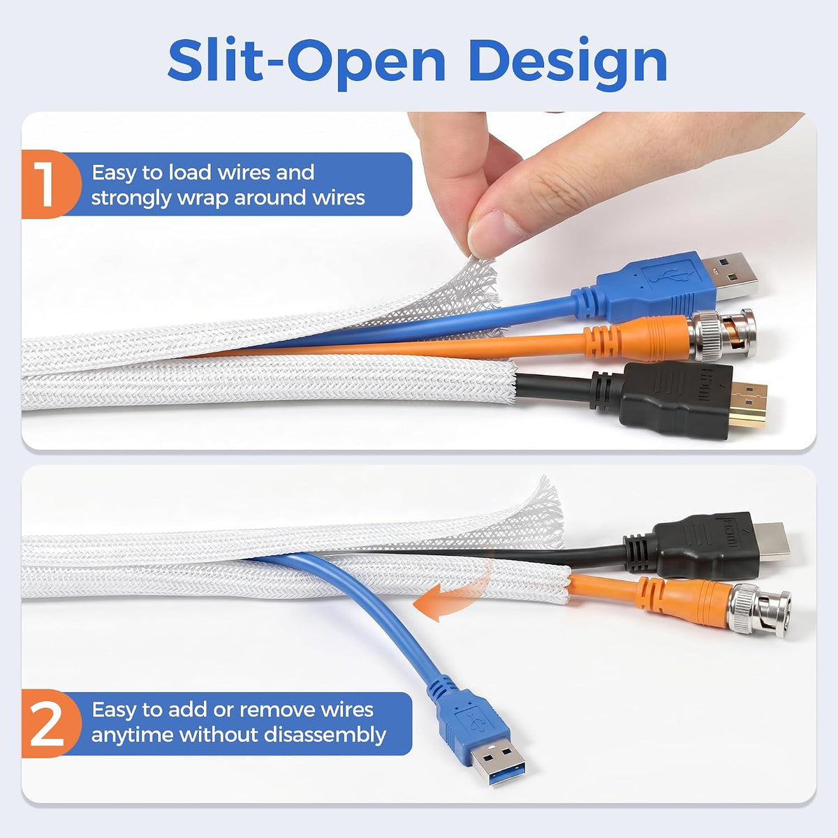 Delamu 10ft - 1/2 inch Cable Sleeve Cord Protector from Pets No Chew, Split-Braided PVC Wire Loom Tubing for Desk Computer USB TV Cord Organizer, Easy Set-up Cable Management Sleeve Kit, White