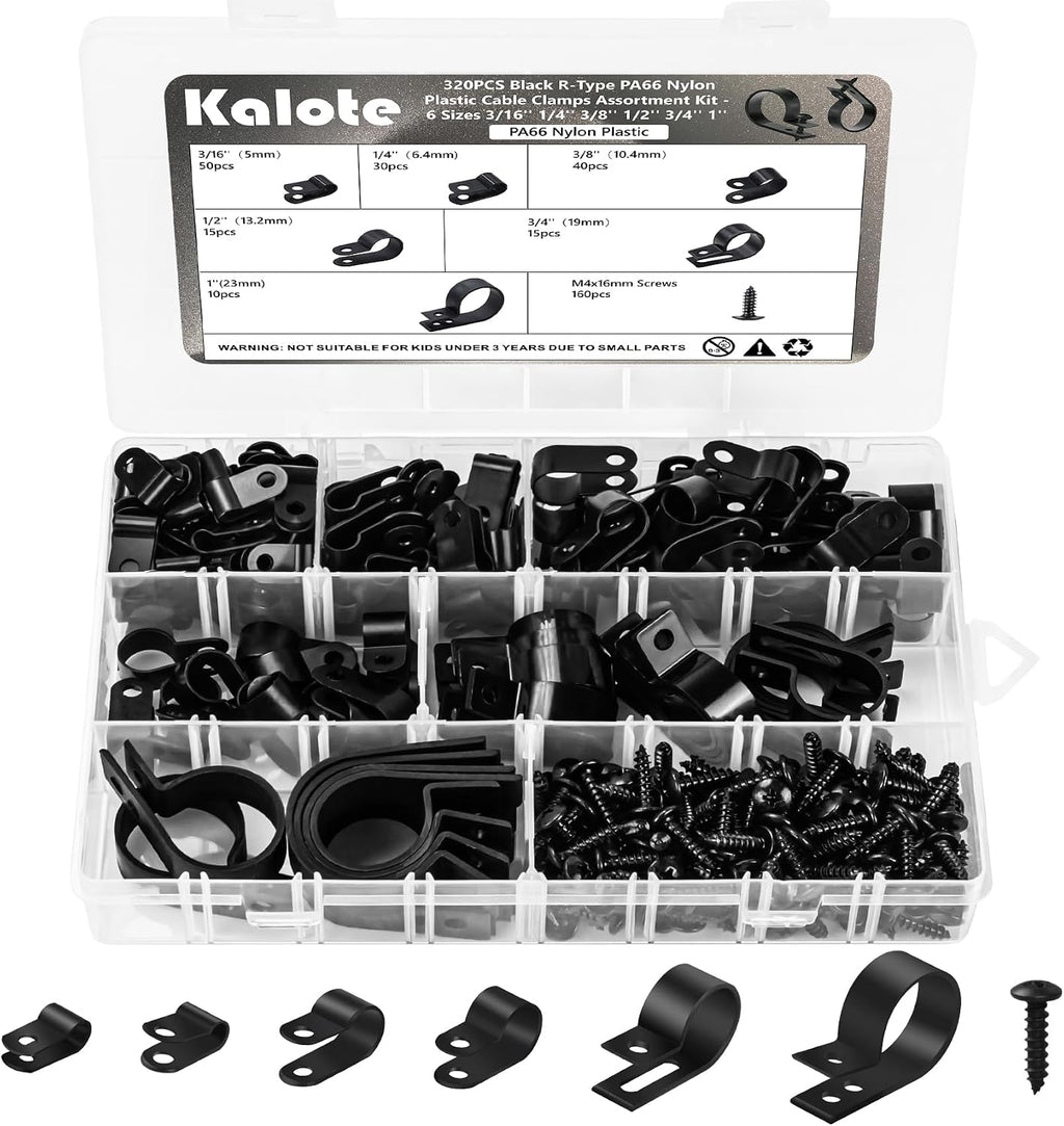 320Pcs Black PA66 Nylon R Type Cable Clamps Clips Assortment Kit