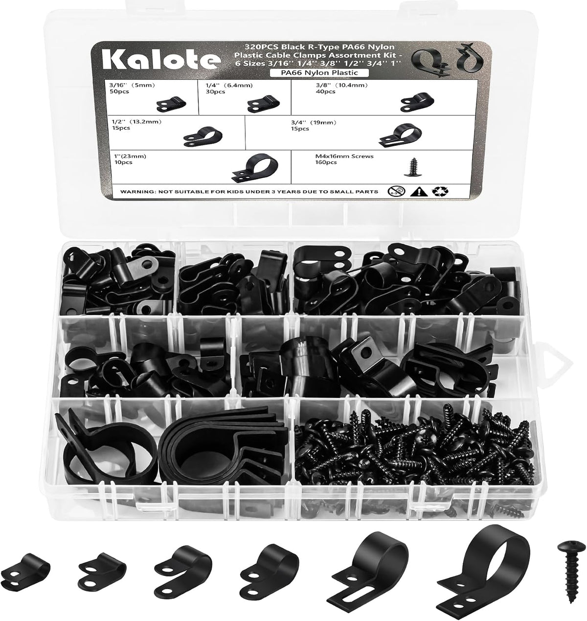 320Pcs Black PA66 Nylon R Type Cable Clamps Clips Assortment Kit