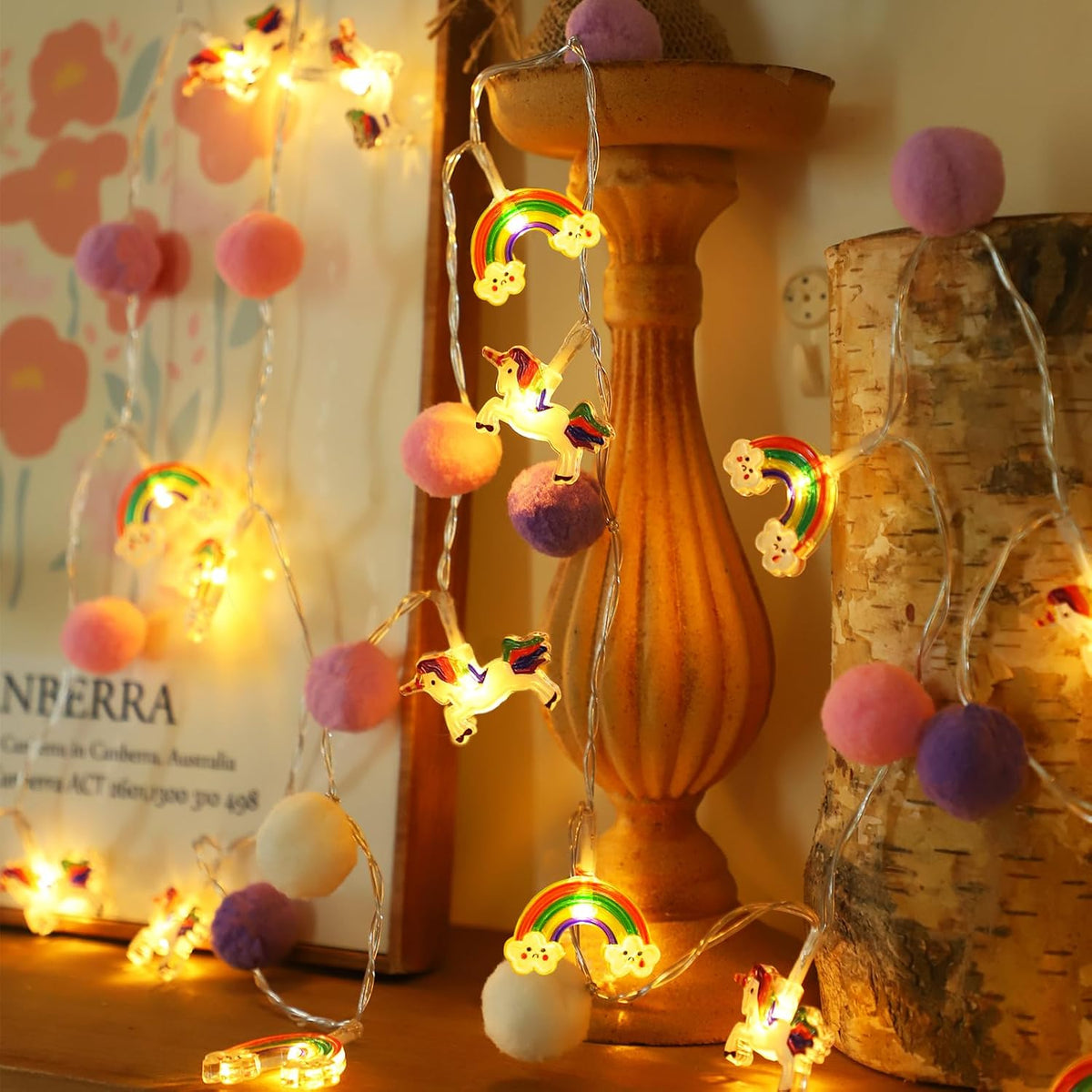 ChiRee Purple Pom Poms with Unicorn and Rainbow String Lights