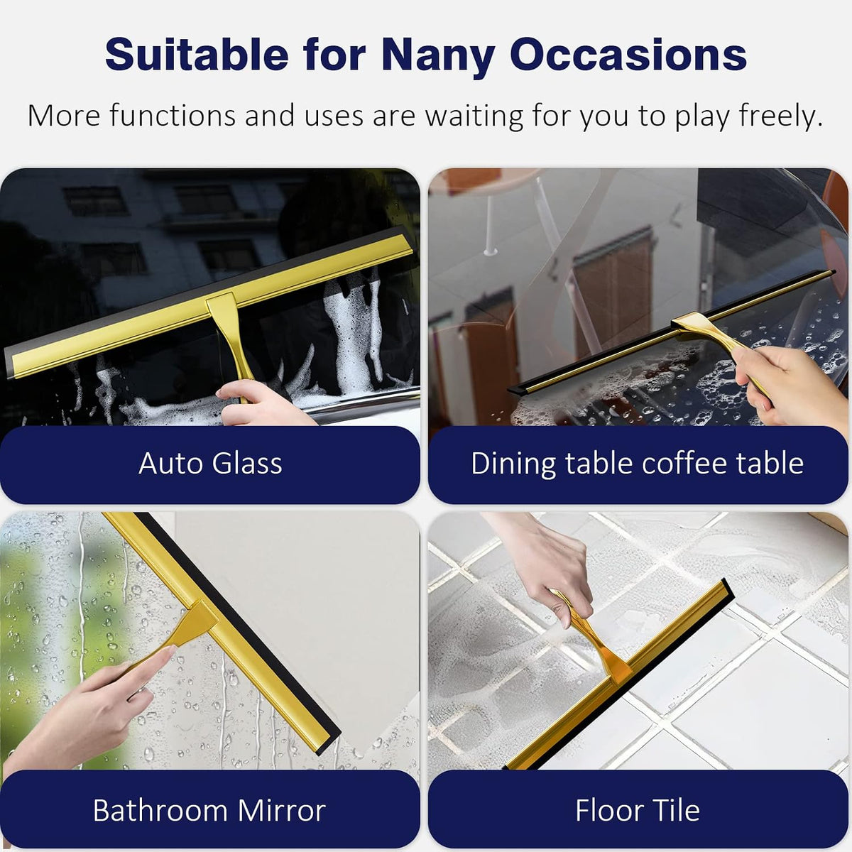 TOOVEM 14 Inch Shower Squeegee for Glass Doors, Window, Bathroom (Gold)