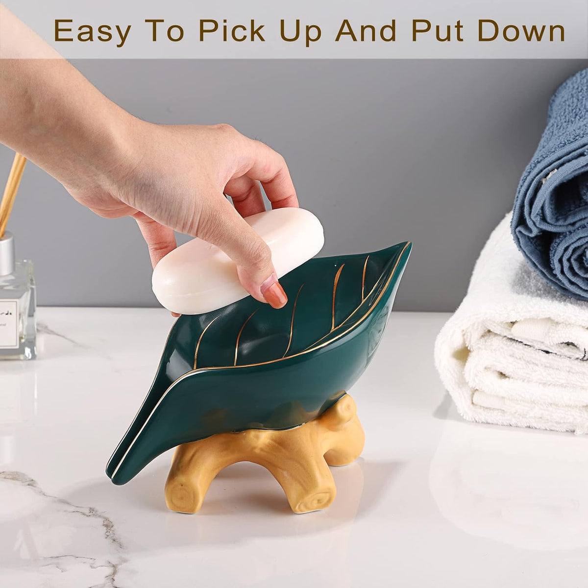 JUXYES Ceramic Leaf Shape Self Draining Waterfall Soap Dish Holder