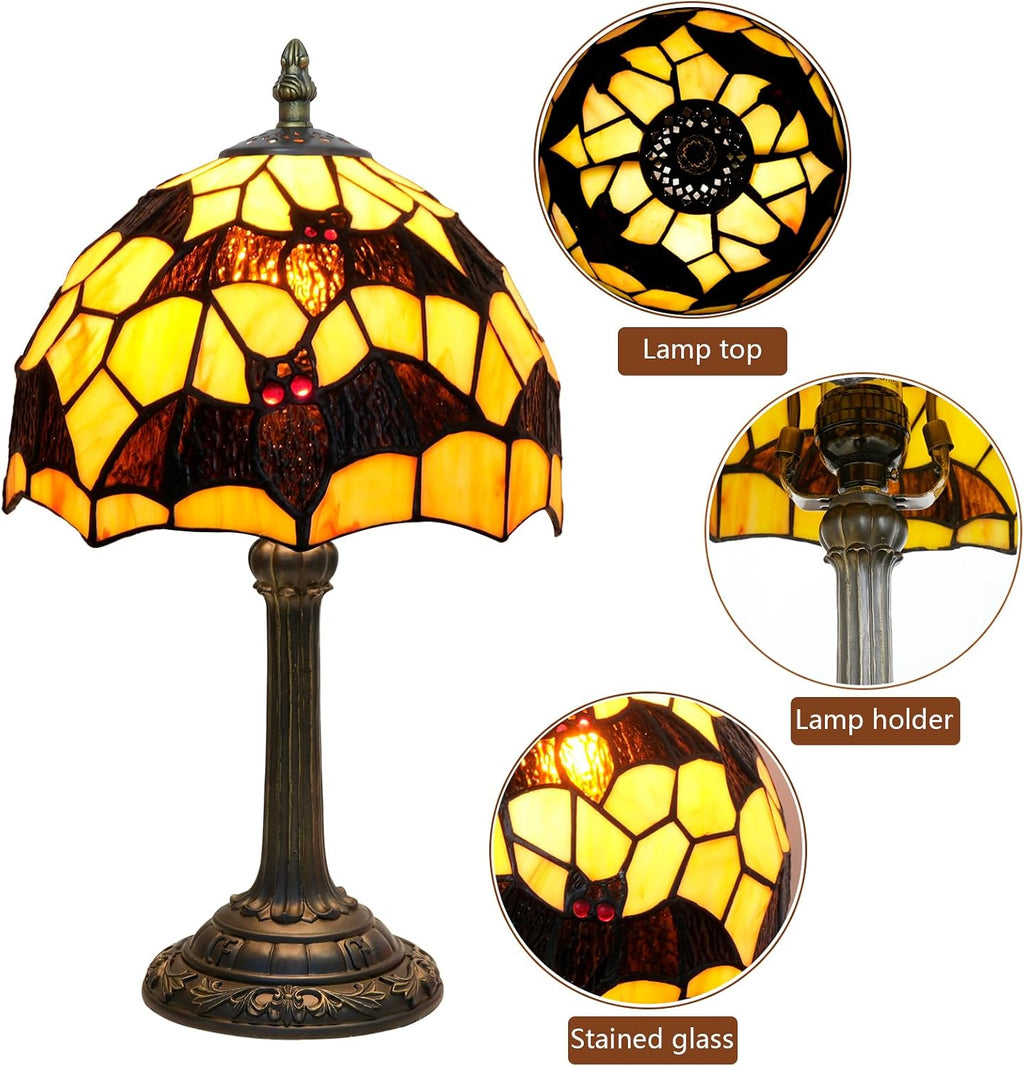 Tiffany Lamp Halloween Black Bat Stained Glass Table Lamp Handmade Bedside Table Night Unique Cute Accent Nightstand Light Antique Art Craft Gifts for Home Office Dormitory Bar Decorate