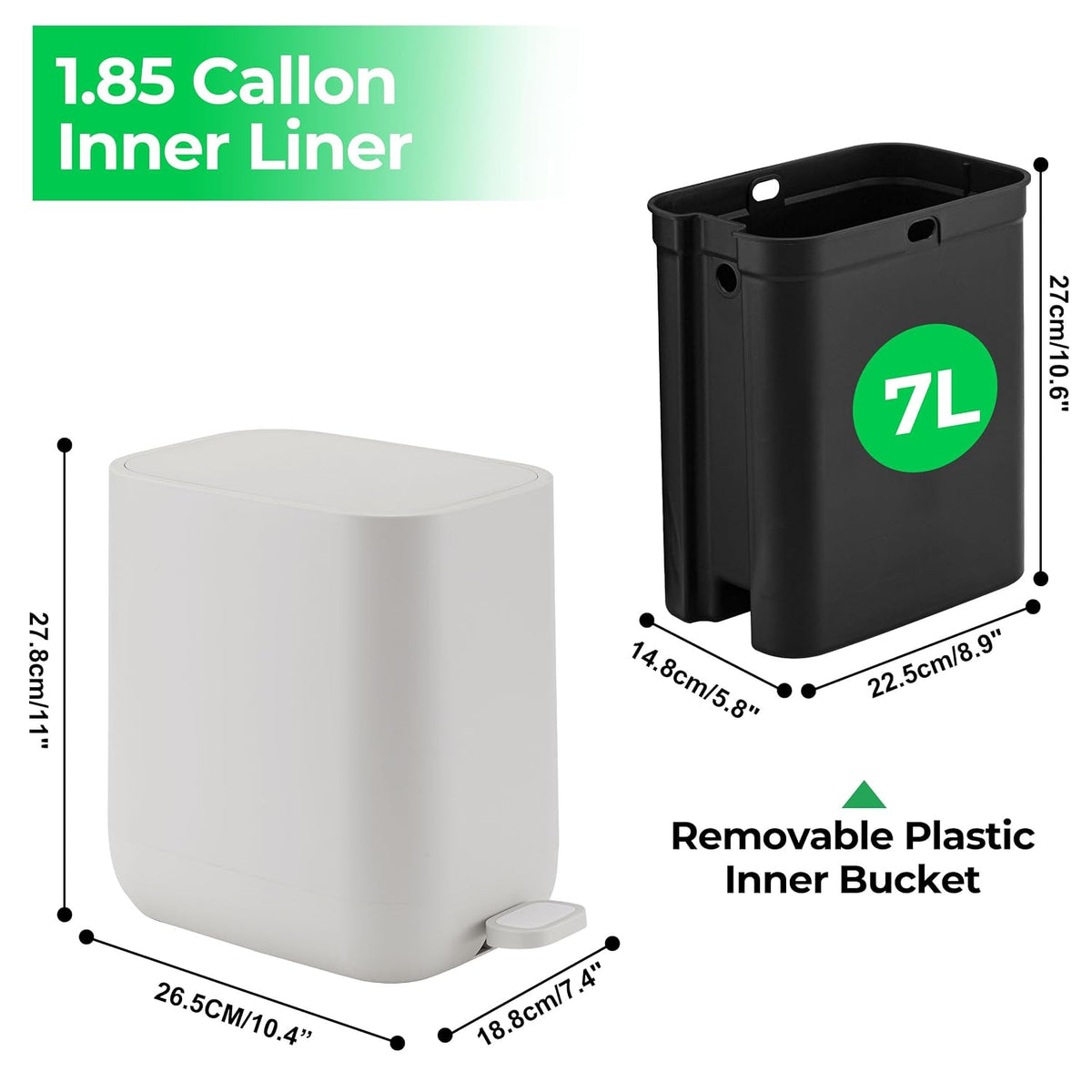 1.85 Gallons 7 Liters Slim Small Kitchen Trash Can with Lid Soft Close Dust Bin Step Pedal Garbage Waste Home Bathroom Office ABS Smooth Washable Cubo de Basura Cocina Ivory