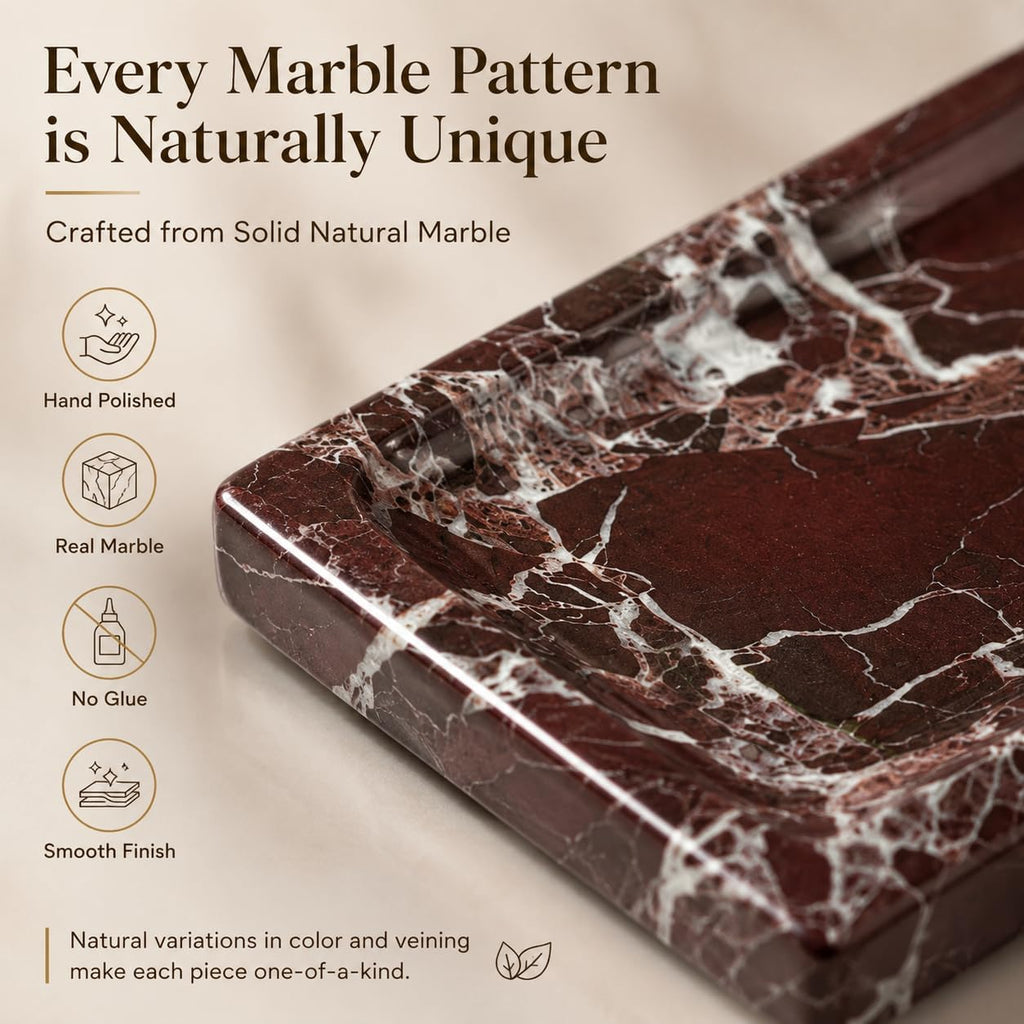 Marble Decorative Tray for Home Decor, Red Vanity Tray for Bathroom Countertop, Small Perfume Tray for Dresser, Luxury Stone Organizer for Jewelry, Candles & Skincare, 11 x 4.7 in