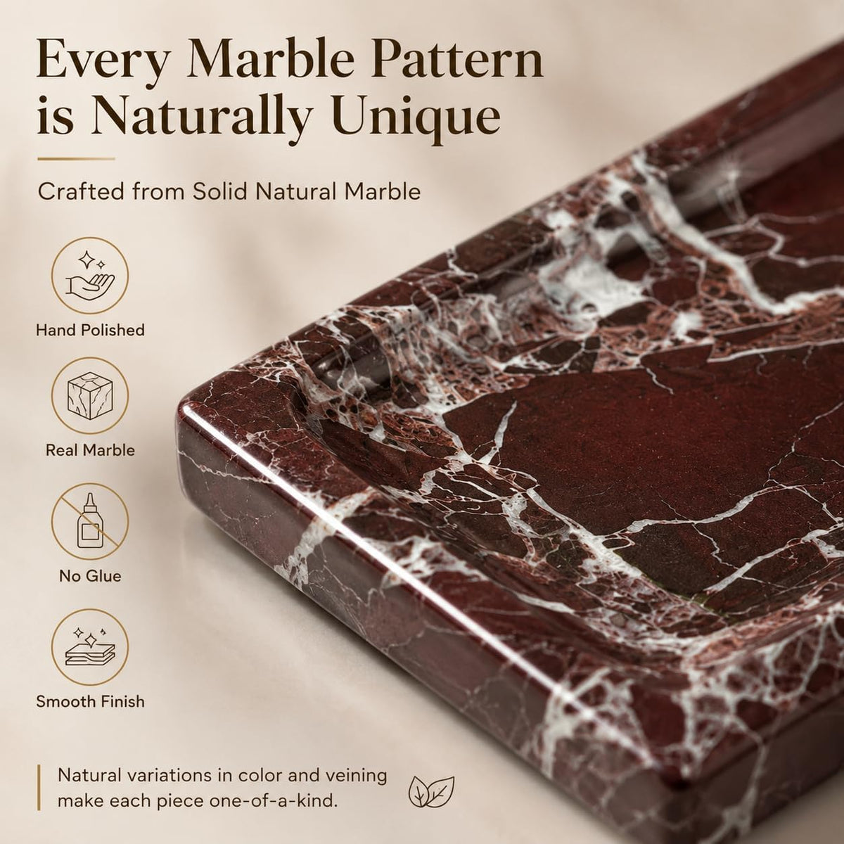 Marble Decorative Tray for Home Decor, Red Vanity Tray for Bathroom Countertop, Small Perfume Tray for Dresser, Luxury Stone Organizer for Jewelry, Candles & Skincare, 11 x 4.7 in