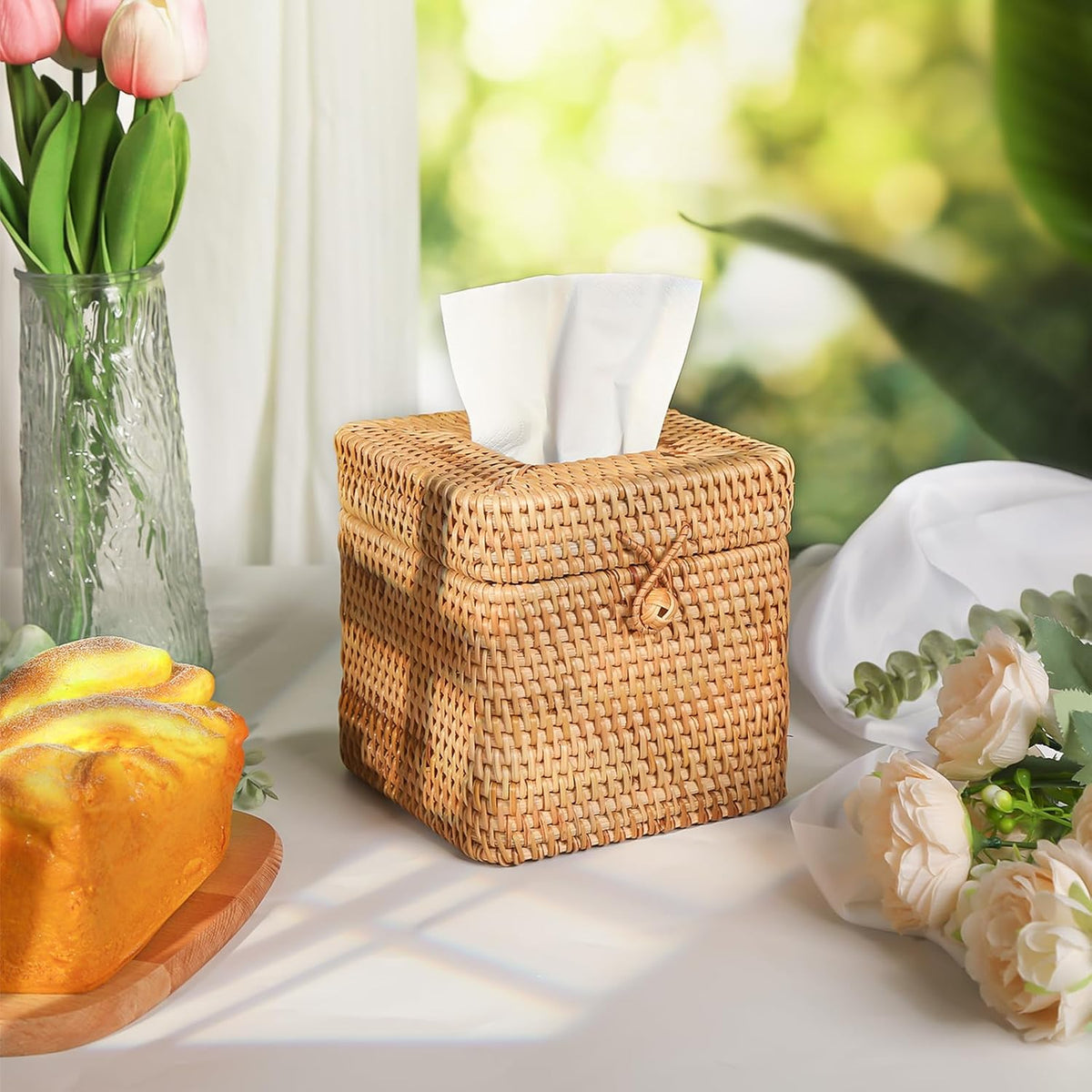 2 Pcs Rattan Tissue Box Cover 5.7" x 5.7" x 5.7"Rattan Square Tissue Box Cover Decorative Woven Facial Tissue Holder with Hinged Top Lid for Home Office Desk Living Room Bathroom Dec
