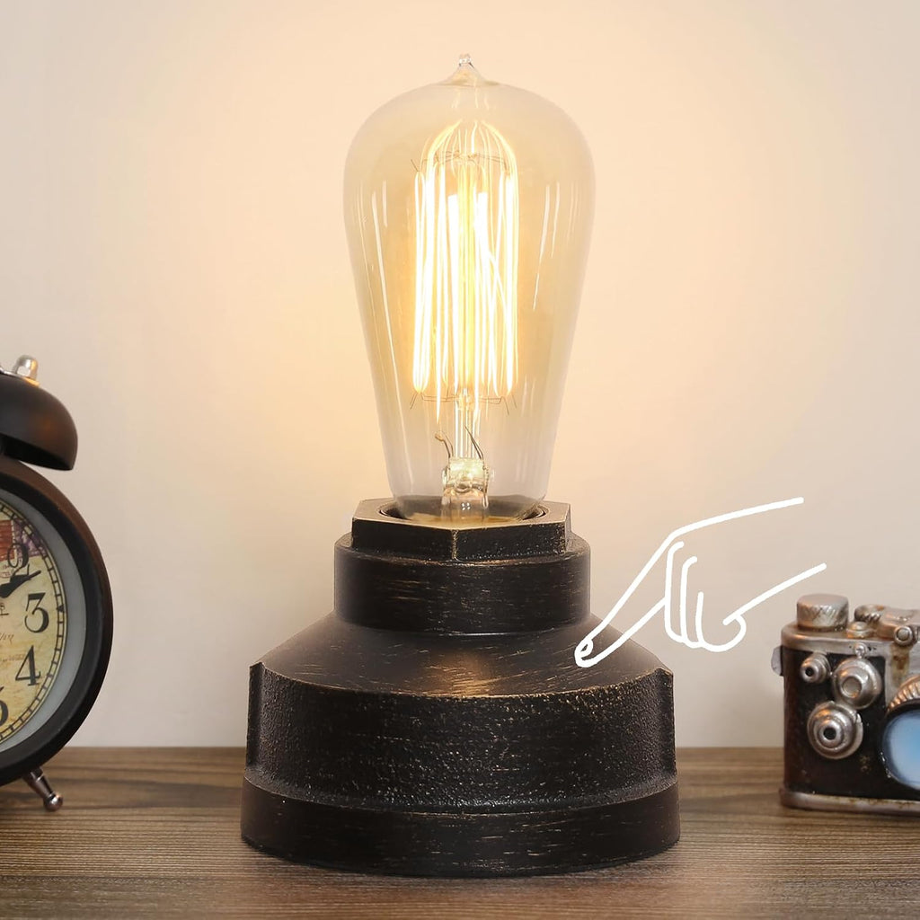 Small Touch Control Table Lamp Base, Industrial Touch Light Vintage Edison Bulb Base, Dimmable Bedside Nightstand Accent Light for Living Room Bedroom, Antique Steampunk Style