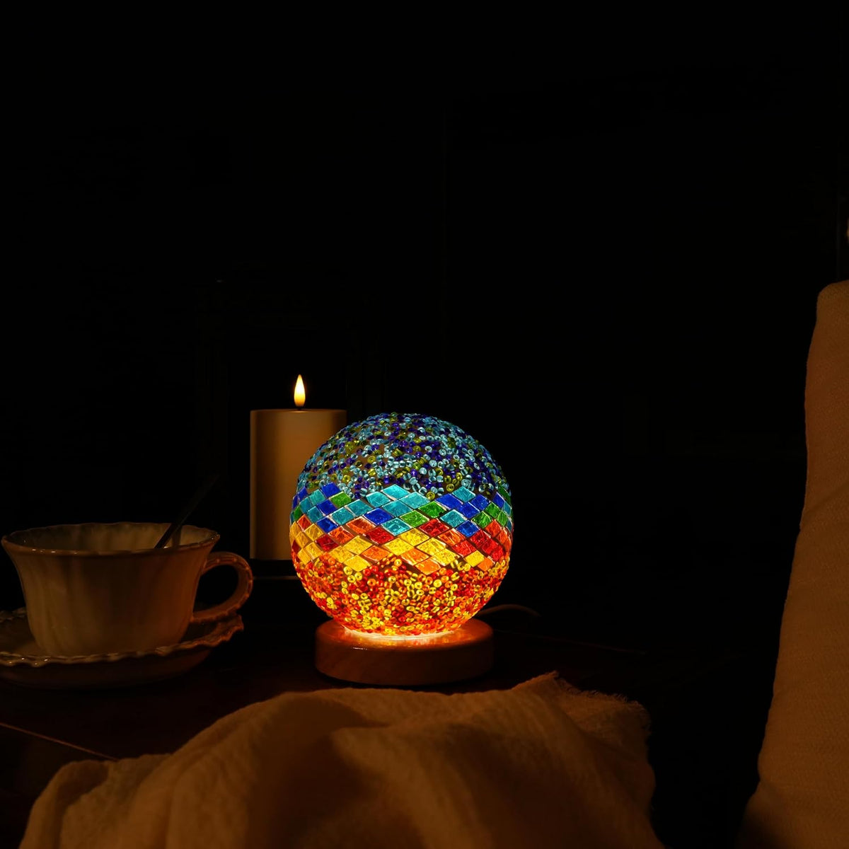 Turkish Table lamp (D:4.7" x H:5.2"),Mosaic Glass Lamps with Wooden Base, Bohemian Tiffany Bedside Lamps, USB power Moroccan Lantern for Living Room Decorations (Mediterranean - Blue, Mediterranean)