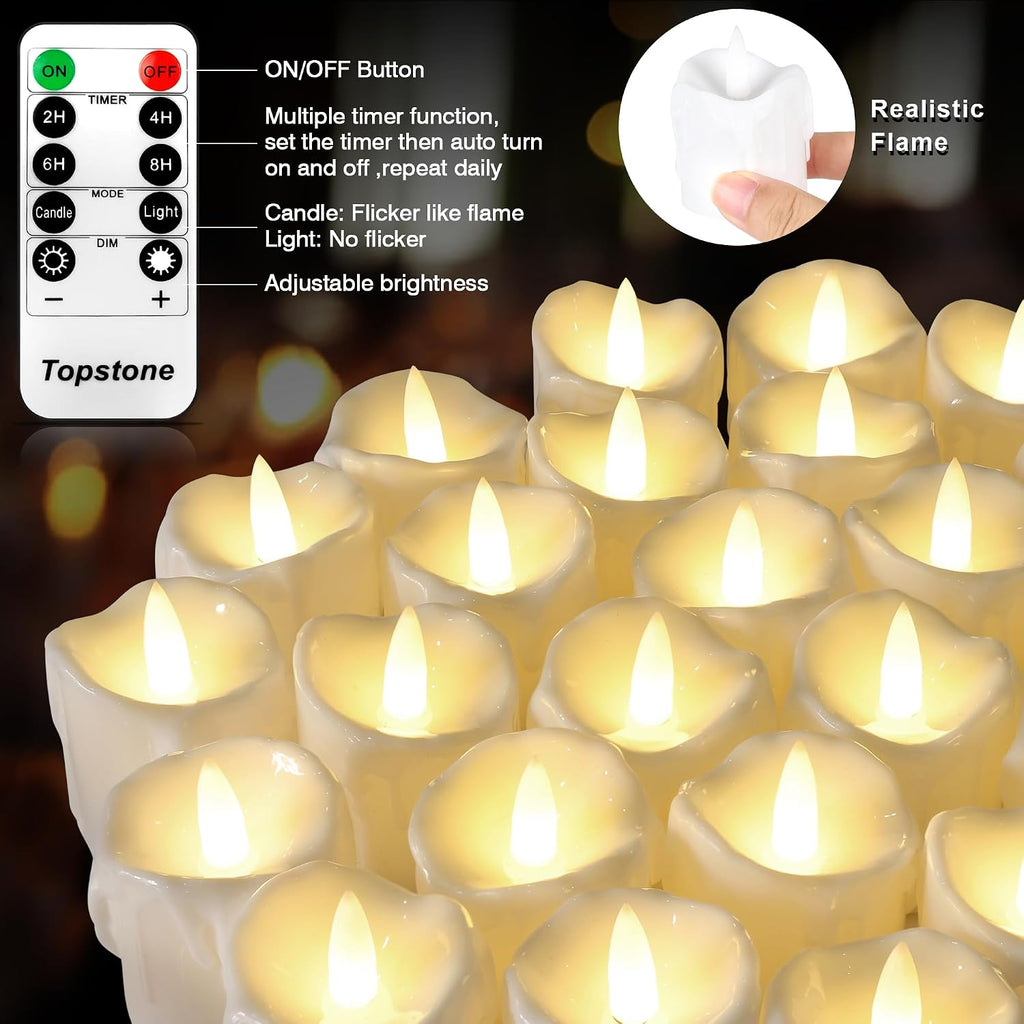 Topstone Flickering Flameless LED Tea Lights, Dimmable Battery Operated Fake Candles with Dual Remotes, Steady & Flicker Modes, 12 Pack Bulk for Christmas Halloween Holiday Decor