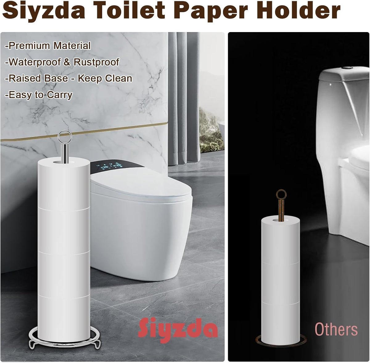 Bath Toilet Paper Holder, Toilet Tissue Roll Organizer Storage, Tissue Paper Holder Stand for Bathroom/Kitchen Countertop, Metal (21" H, Chrome)
