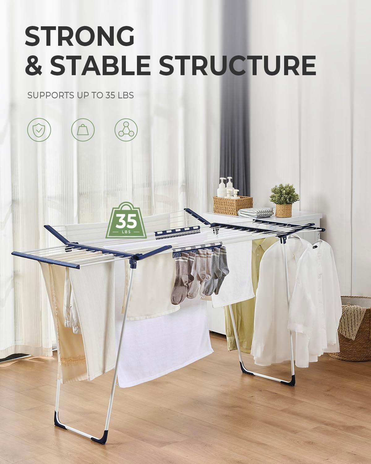 JS HANGER Extendable Clothes Drying Rack with Fold-Out Wings & Sock Clips, Expands from 41" to 67", Extra Wide Laundry Drying Rack Indoor Outdoor, Folding Rack for Clothes, Towels & Delicates