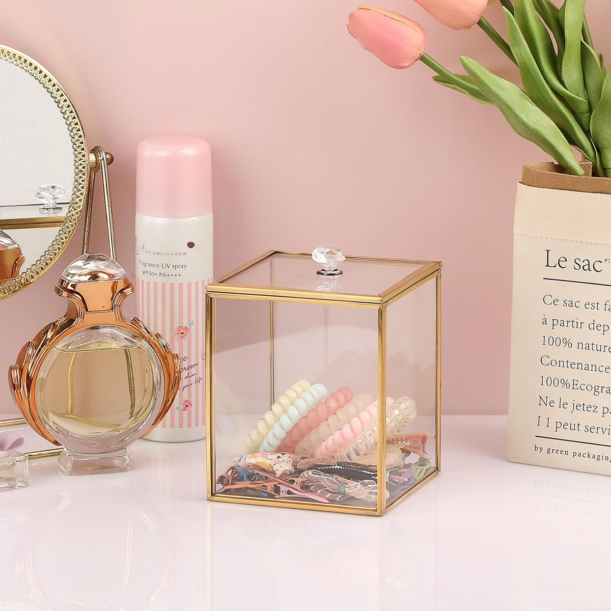 Hipiwe Gold Glass Vanity Box Vintage Apothecary Jars with Lids Cotton Pad Dispenser Qtip Holder Cotton Ball Swab Round Organizer Bathroom Canister Storage Jar for Q-tip, 3.9" L x 3.9" W x 4.7" H