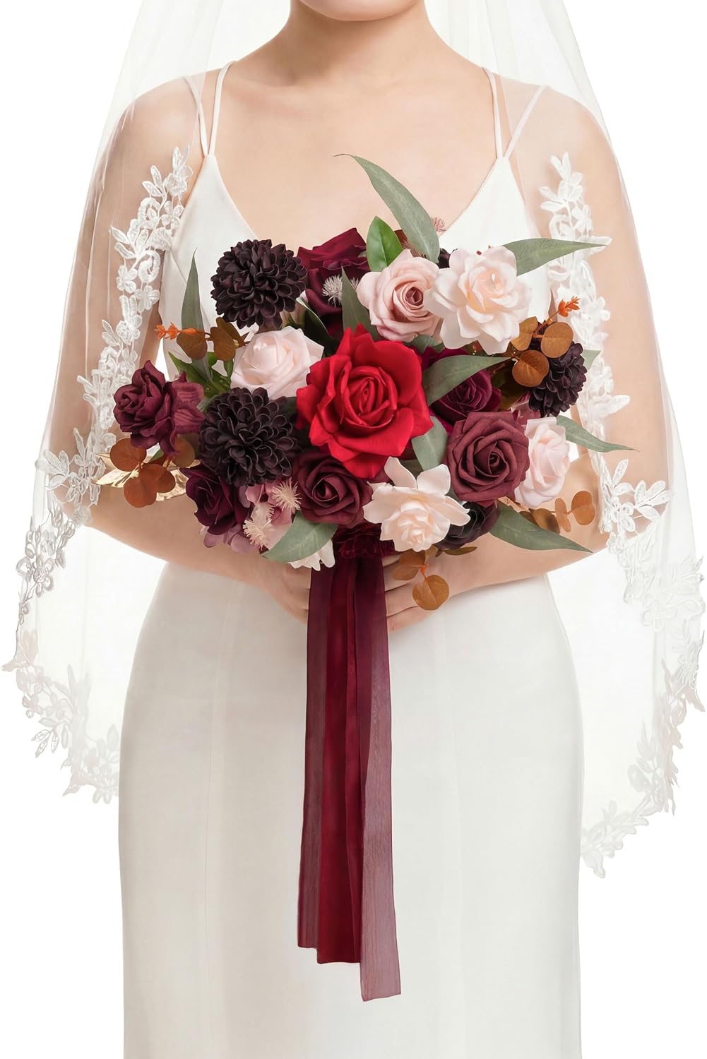 Ling's moment Freeform Bridal Bouquet Burgundy Wedding Bouquets for Bride