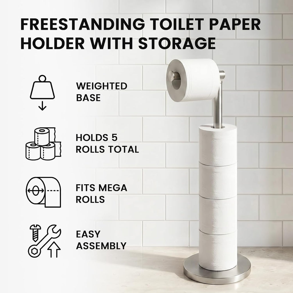 Cesun Weighted Base Free Standing Toilet Paper Holder Stand, Brushed Nickel